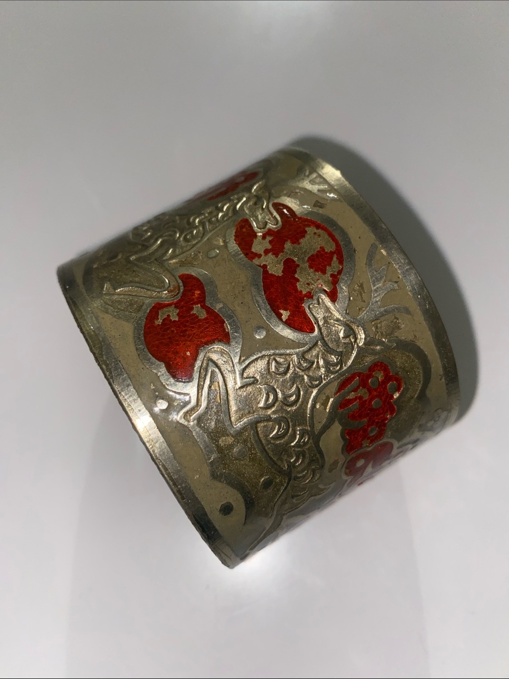 Wide Metal Cuff Bracelet with Red Enamel Accents